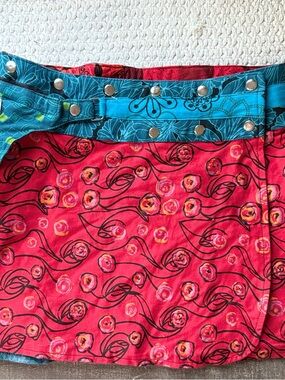 Vintage Red Floral Mini Skirt with Blue Studded Waistband